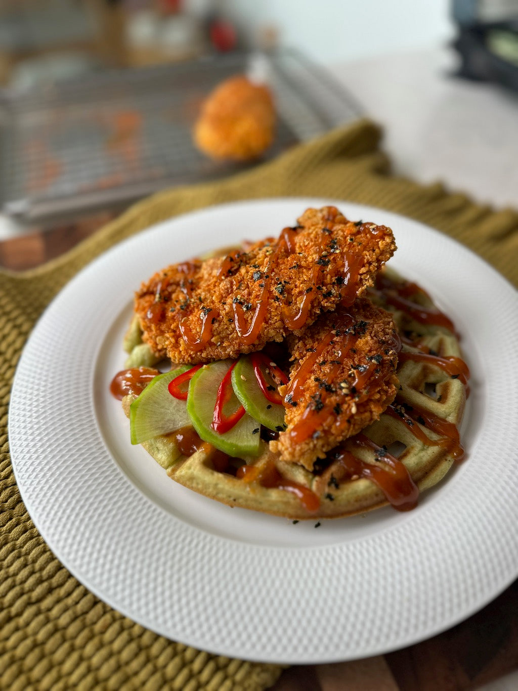 Brunch - Fried Chicken and Waffles Recipe - Pandan Waffles Cornflake Chicken Spicy Umami Coconut Sauce