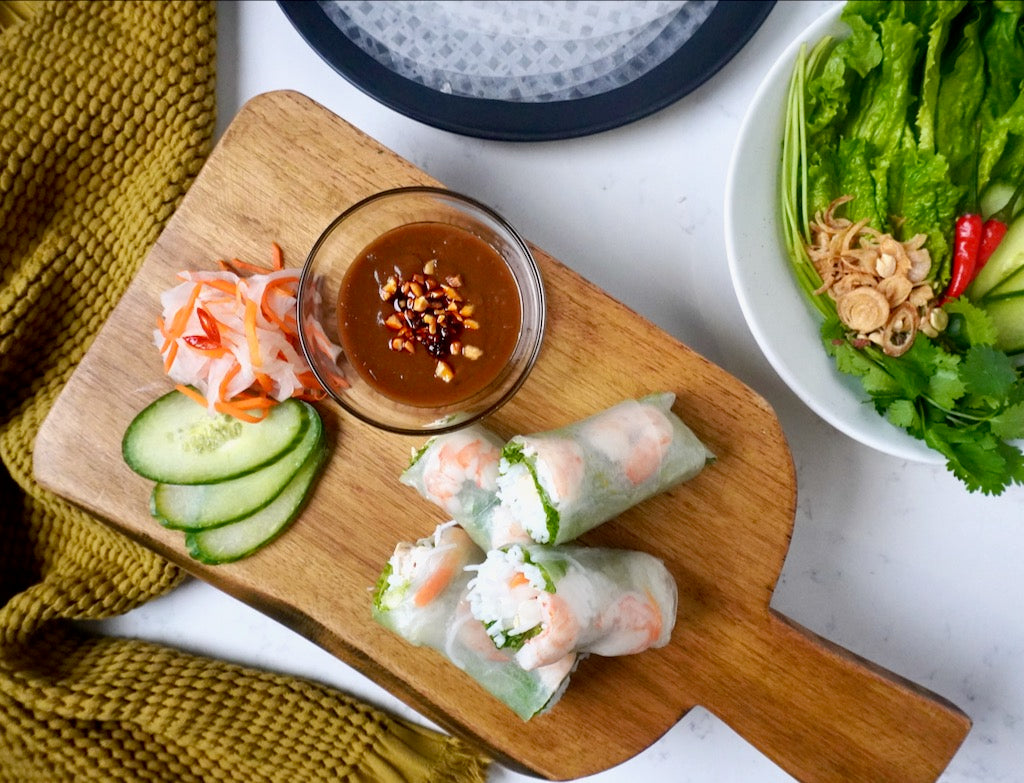 Platter of Shrimp Vietnamese Fresh Rolls with peanut sauce and rice paper