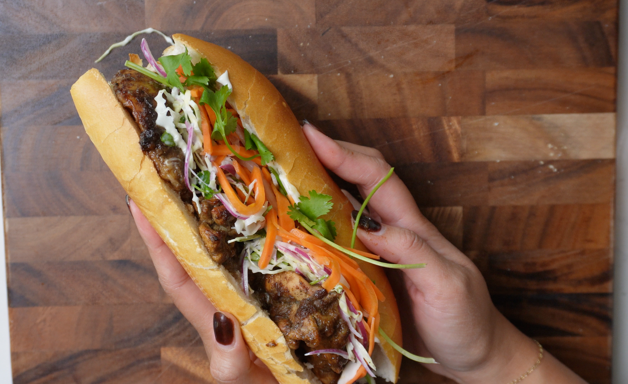 Jerk Chicken Banh Mi Sandwich - Spicy Vietnamese Jamaican Chicken Sandwich